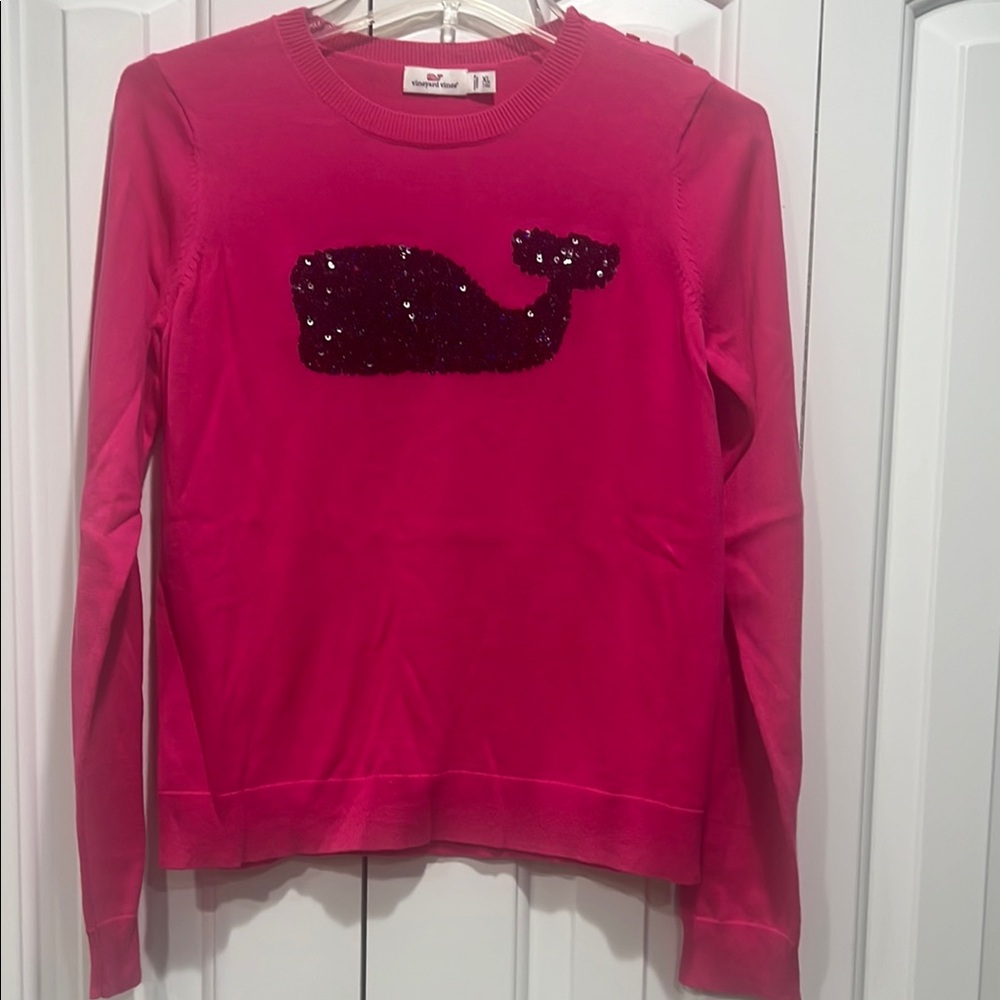 Vineyard Vines Girls Pink Sweater with Sequin Whale- Size XL(16)